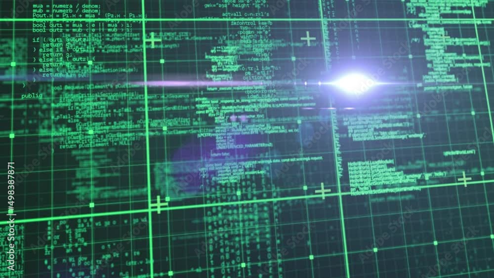 Poster animation of data processing over grid on black background