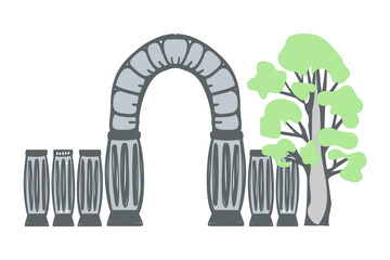 Arch, fence, tree, color pattern, on program background, for design and printing