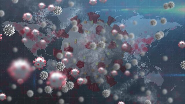 Animation of virus cells floating over rotating cell and world map