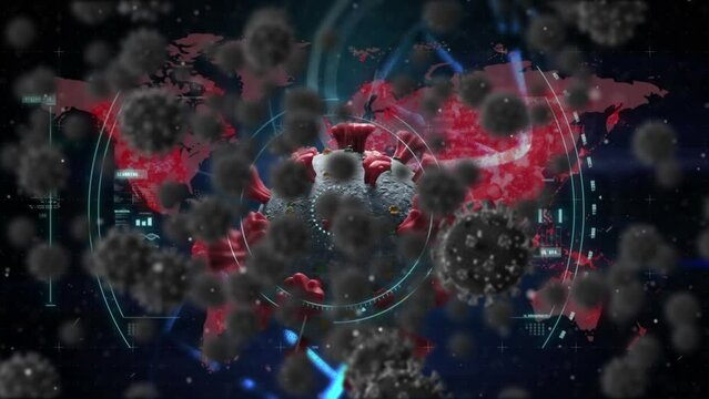Animation of virus cells and viewfinder over world map on black background