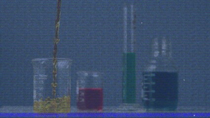 Animation of screen with glitch over chemical reagent pouring into glass - Powered by Adobe