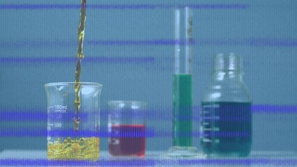 Animation of screen with glitch over reagent pouring into chemical glass - Powered by Adobe