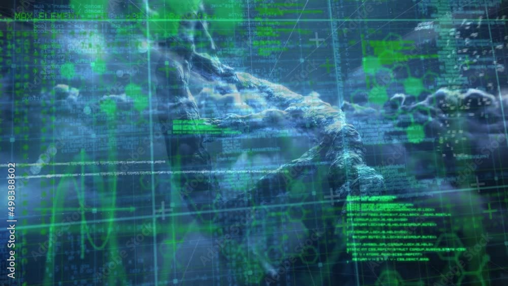 Poster animation of data processing over chemical formulas and dna chains in blue space