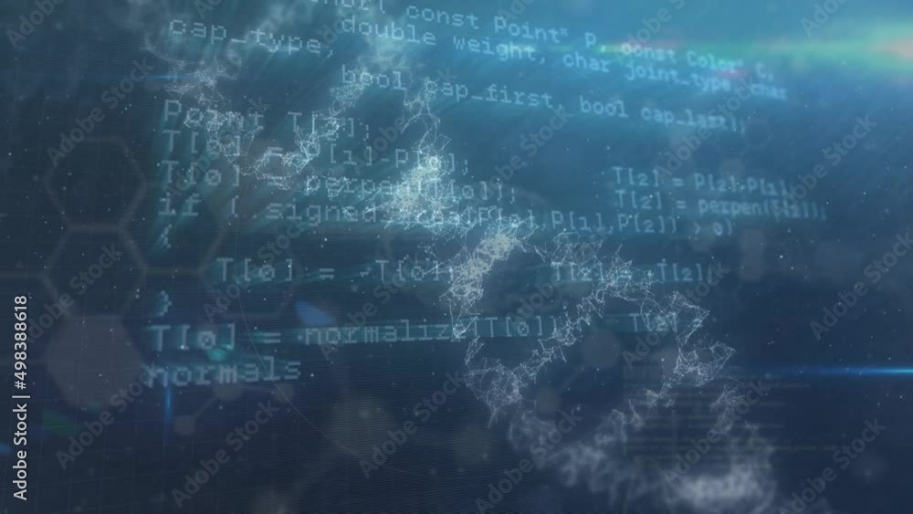 Aufkleber animation of data processing over chemical formulas and dna chains in blue space