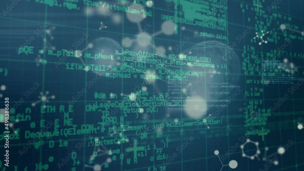 Poster animation of data processing over chemical formulas and molecules in blue space