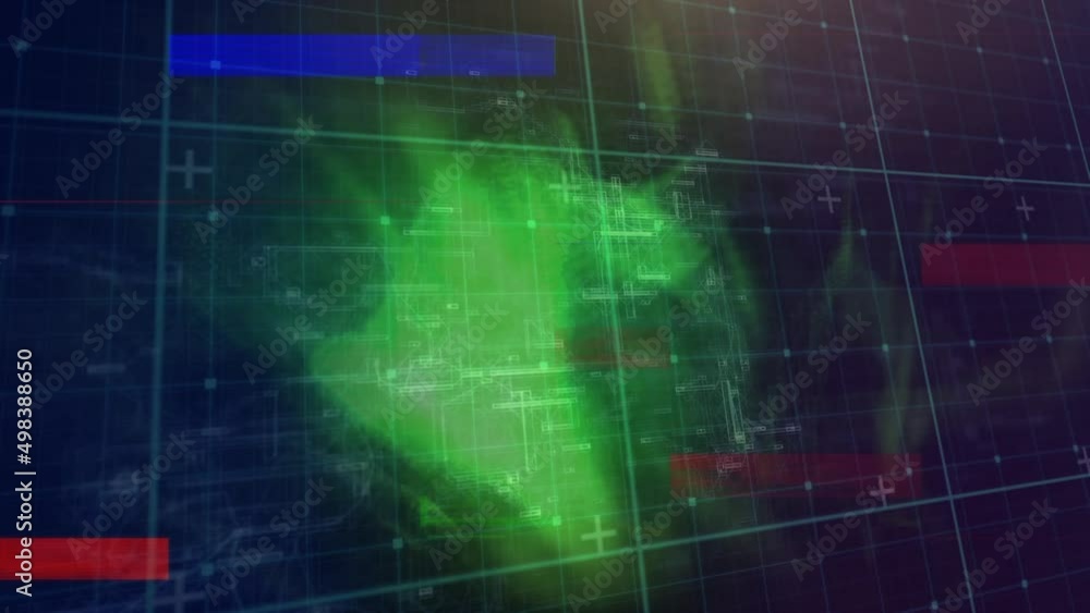 Poster animation of data processing and colour rectangles in green and black space