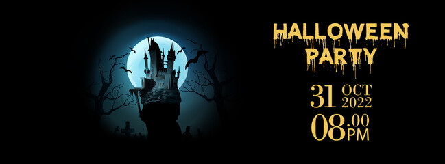 Halloween party poster . dark castle in front of full moon with scary . banner . linkedin cover, Facebook cover, instagram post .