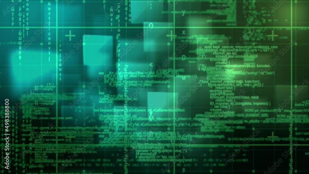 Poster animation of digital data processing over screens and grid background