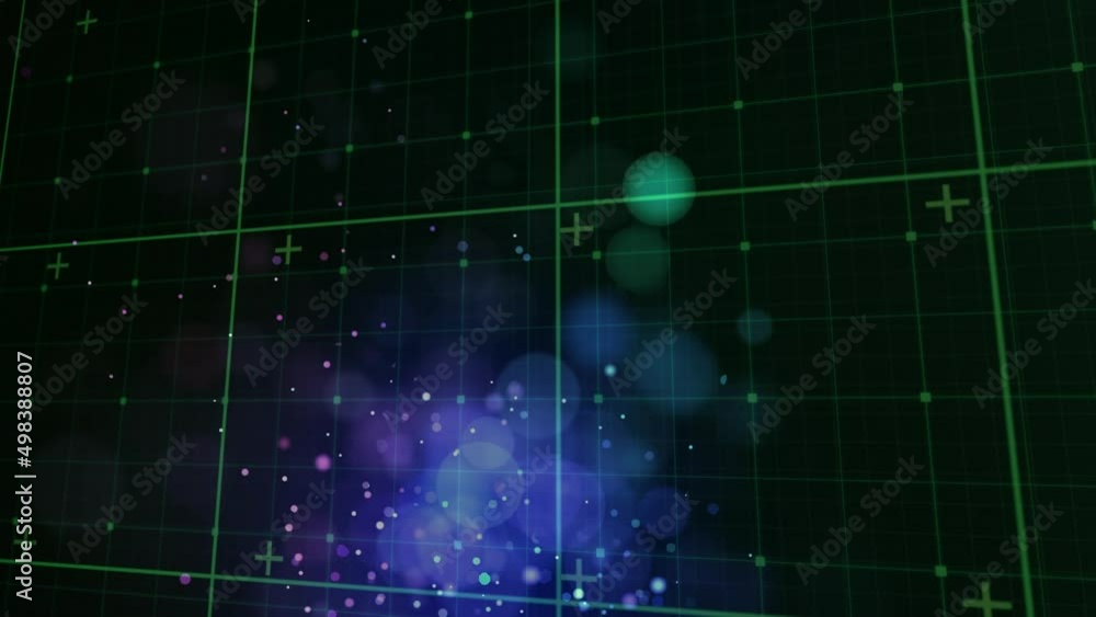 Poster animation of lights and markers over screens and grid background