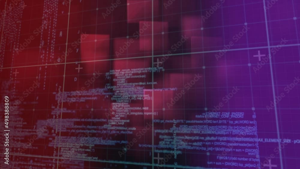 Poster animation of digital data processing over screens and grid background