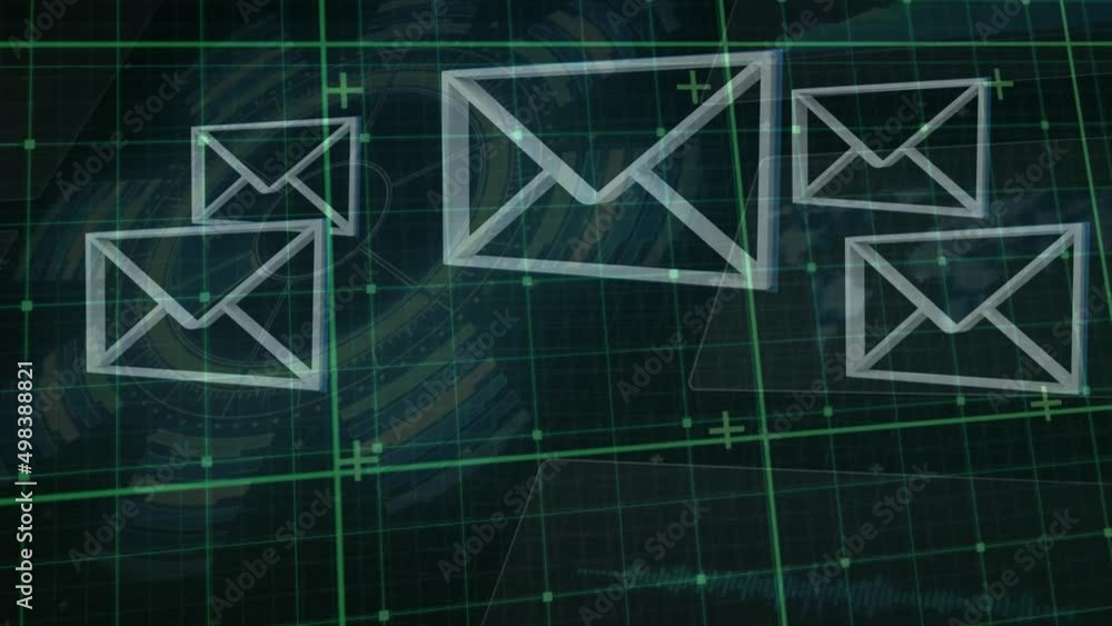 Poster animation of digital envelopes over screens and grid background