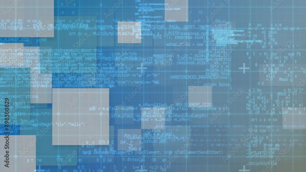 Poster animation of digital data processing over screens and grid background