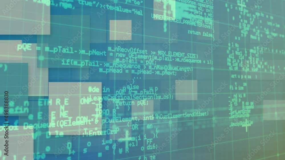 Poster animation of digital data processing over screens and grid background