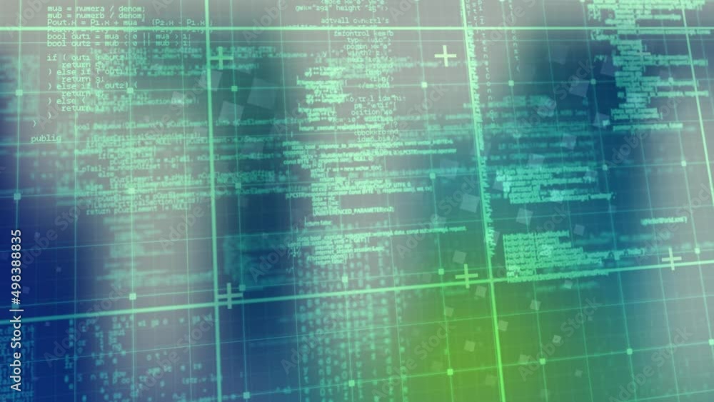 Poster animation of digital data processing over screens and grid background