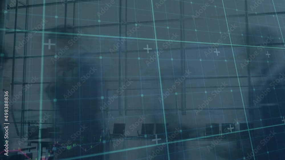 Poster animation of digital data processing over cityscape and grid background