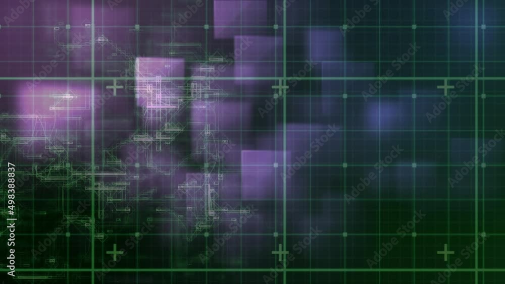 Poster animation of digital data processing over screens and grid background