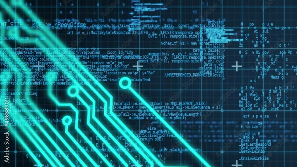 Poster animation of circuit board, digital data processing over grid on blue background