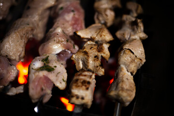 The meat is fried over an open fire. National cuisine of the Caucasian peoples. Delicious meat gives juice from high temperature.