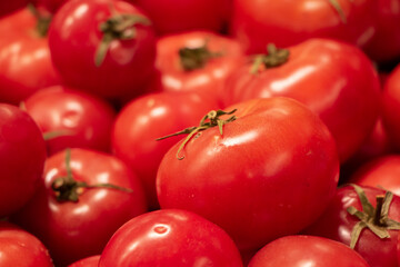 Tomato texture. Juicy fruits. Vegetables are red. Healthy food ripened in garden.