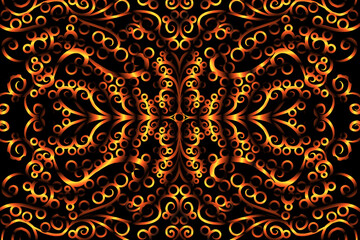 seamless circular circle LUXURIOUS gOLD Colour caleidoscope gradient flower art pattern of indonesian culture traditional tenun batik ethnic dayak ornament for wallpaper with Black background 