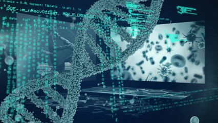 Animation of dna strand spinning, laptop and medical data processing - Powered by Adobe