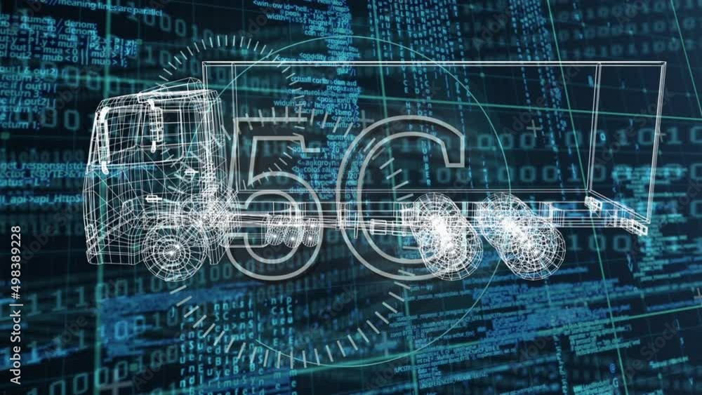 Poster animation of car project and 5g rotating over data processing in blue and black space