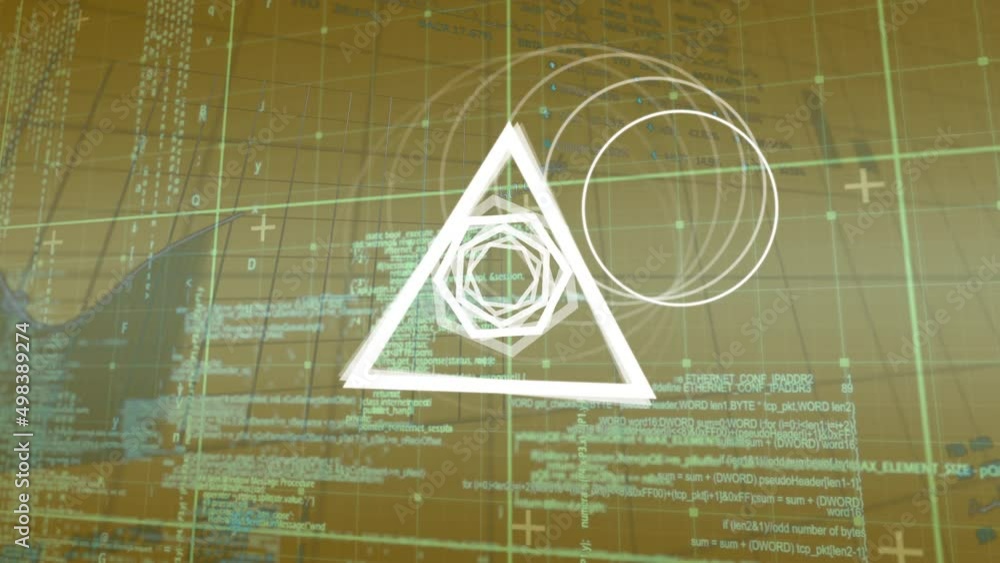 Poster animation of geometric shapes rotating over data processing in yellow space