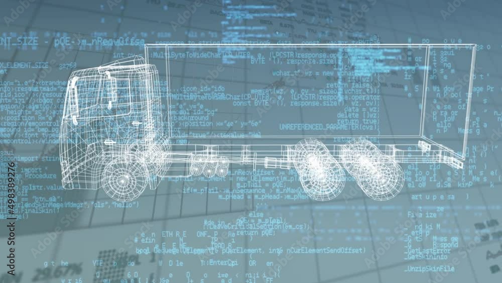 Aufkleber animation of truck project rotating over data processing in blue space