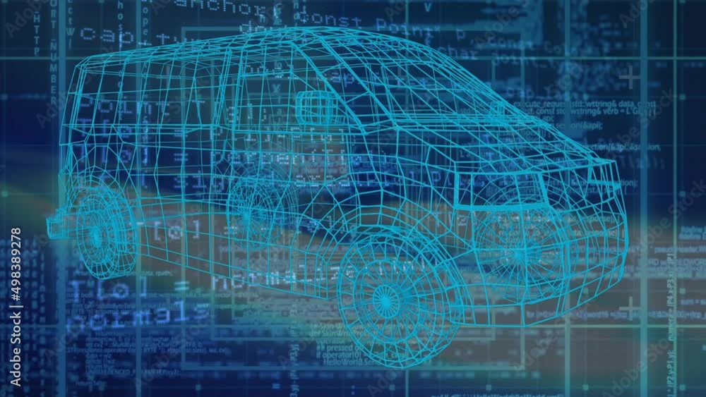 Poster animation of car project over data processing in blue space