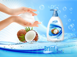 Two hands holding cream foam with bubbles and liquid hand wash with a coconut aroma. Realistic cream foam with bubbles andnd liquid hand wash for detergent advertising design. Vector - 498389288