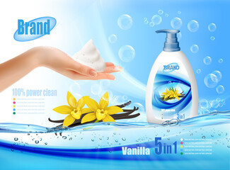 Two hands holding cream foam with bubbles and liquid hand wash with a vanilla aroma. Realistic cream foam with bubbles andnd liquid hand wash for detergent advertising design. Vector - 498389297