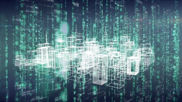 Animation of metaverse city project rotating over data processing in black and green space