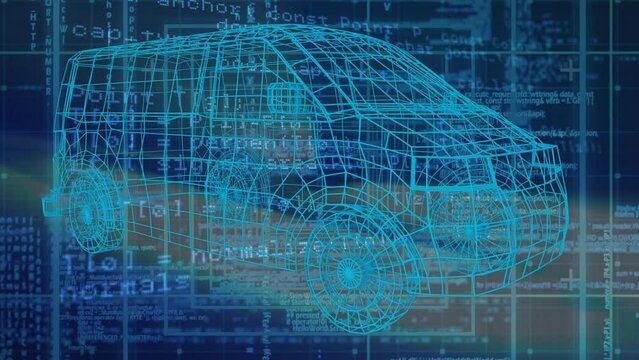 Animation of car project over data processing in blue space