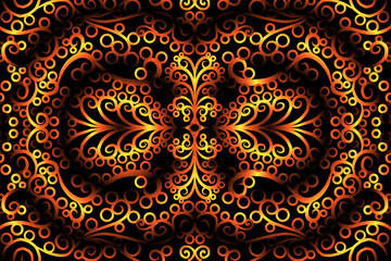 seamless circular circle LUXURIOUS gOLD Colour caleidoscope gradient flower art pattern of indonesian culture traditional tenun batik ethnic dayak ornament for wallpaper with Black background 