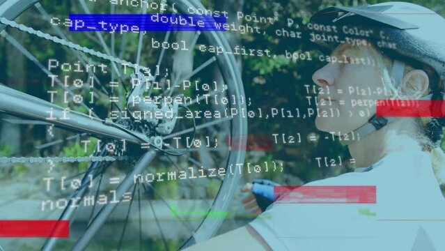 Animation of data processing over caucasian man checking wheel of bike outdoors