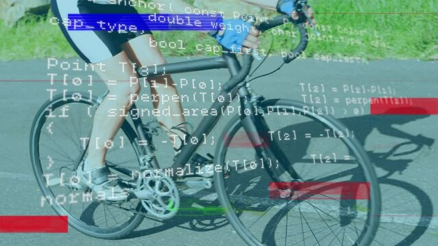 Animation of data processing over caucasian man riding racing bike on road