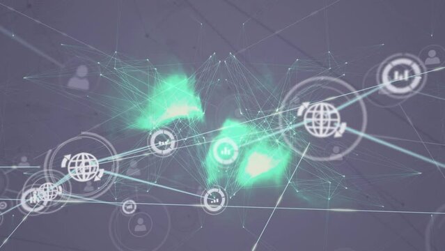Animation of network of globe and information icons transferring data over glowing lights