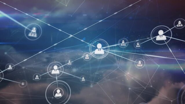 Animation of growing network of people icons over fast moving clouds in blue sky