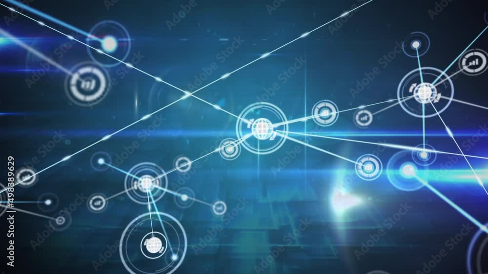 Aufkleber animation of network of information and global sharing icons transferring data over glowing lights
