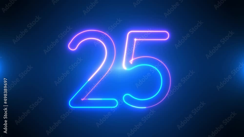 Poster neon bright glowing countdown timer from purple and blue neon light 30 seconds on black background. 