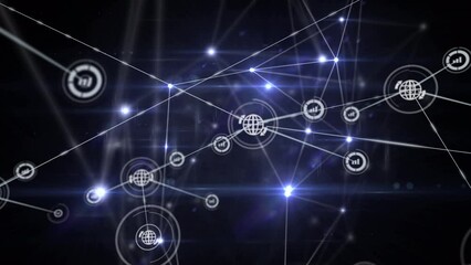 Animation of network of information and global sharing icons transferring data over glowing lights