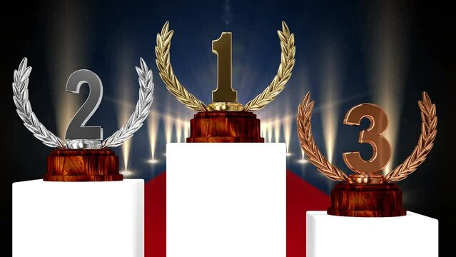 Animation of first, second and third place award trophies at floodlit prize giving ceremony
