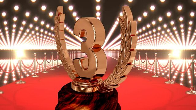 Animation of third place award trophy at floodlit, red carpet winners' prize giving ceremony