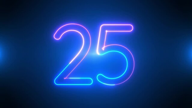 Neon bright glowing countdown timer from Purple and blue Neon Light 30 Seconds on black background. Running dynamic light. Timer from 30 to 0 seconds. Big 3D Numbers animated for intros