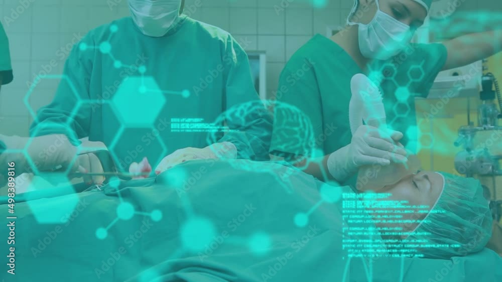 Poster animation of brain scan and medical data processing over surgeons operating on patient in theatre