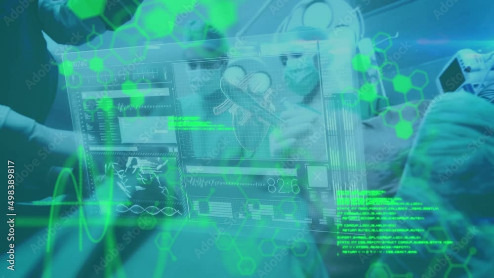 Poster animation of interface with medical data processing over surgeons at work in operating theatre