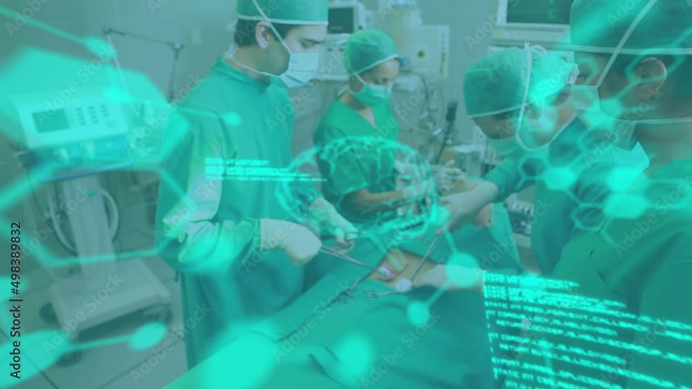 Poster animation of brain scan and medical data processing over surgeons operating on patient in theatre