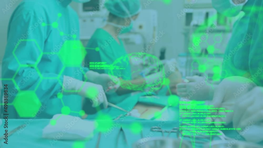 Poster animation of brain scan and medical data processing over surgeons operating on patient in theatre