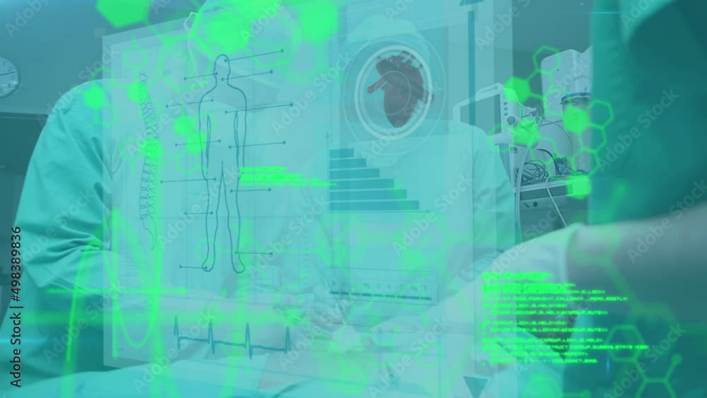 Poster animation of medical information and data processing over surgeons at work in operating theatre