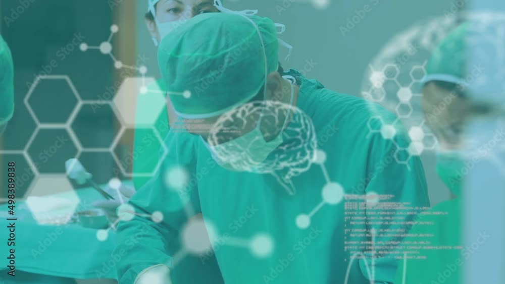 Poster animation of brain scan and medical data processing over surgeons operating on patient in theatre